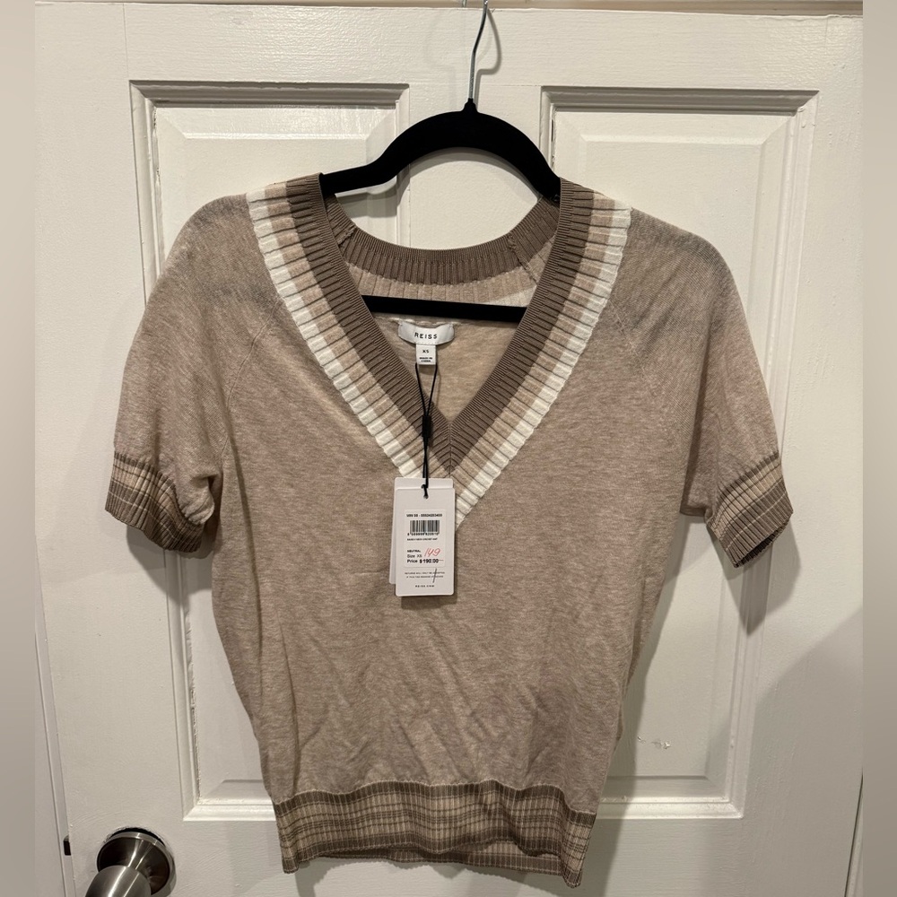 Reiss Tan and Cream V-Neck Sweater Top